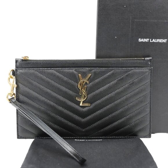 Yves Saint Laurent  Monogram Grain De Poudre Chevron Leather Zip Pouch Black - Picture 3 of 14